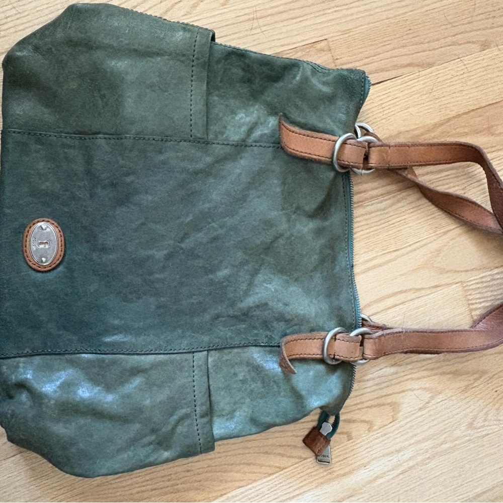 Fossil Green Leather Tote Bag
